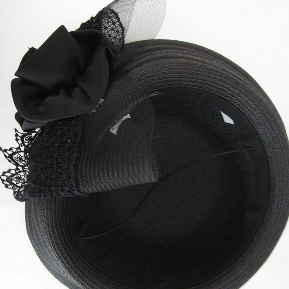 TALL Breton Sheer Church Hat Black Horsehair Pouf Satin Bow - Picture 11 of 12